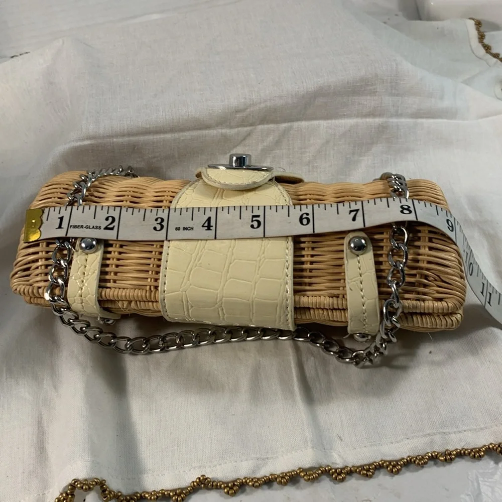 Women’s Beige and Cream Wicker and Reptile Print Patent Leather Chain Strap Bag